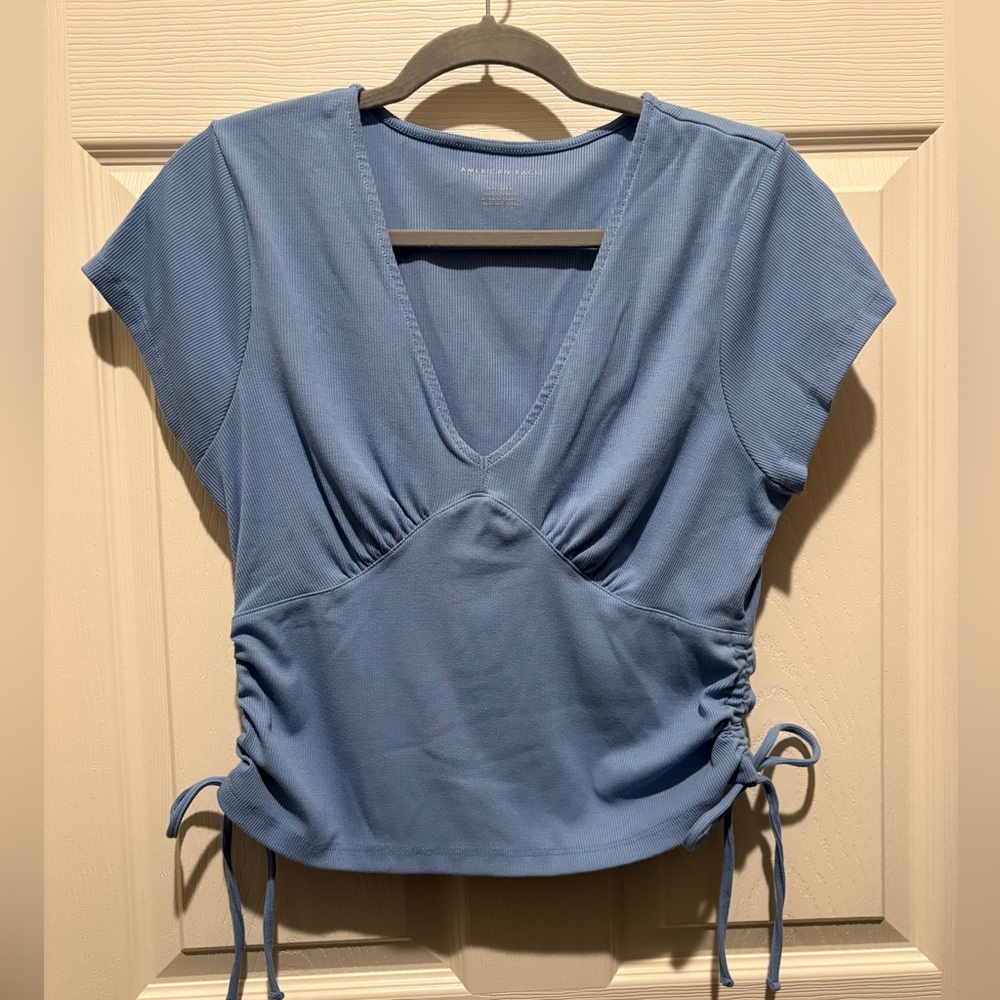 American Eagle Outfitters Blue Ruched Short Sleeve Top